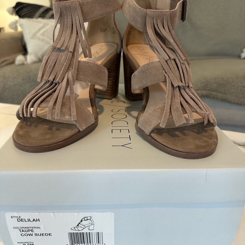 Sole Society Delilah Fringe Taupe Sandals